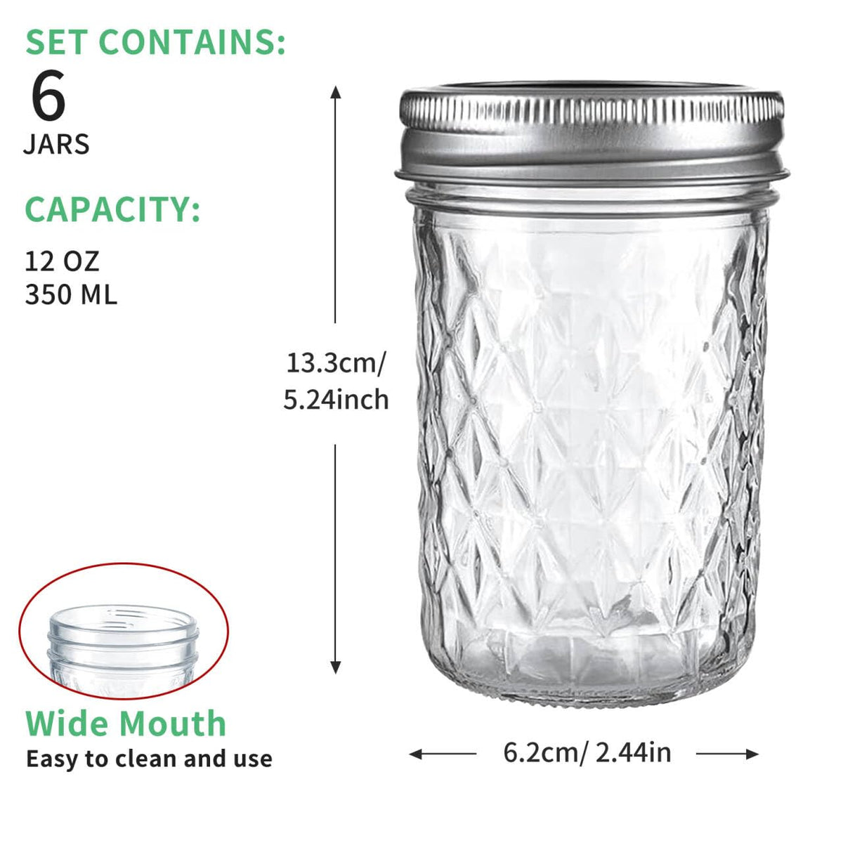 12oz Glass Mason Jars 6 Pack Airtight Lids S821