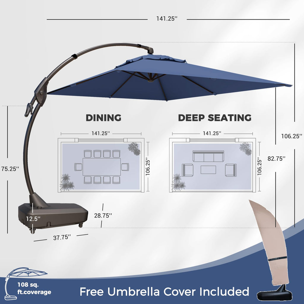 9x12 FT Navy Blue Cantilever Umbrella with Base & Cover T739554