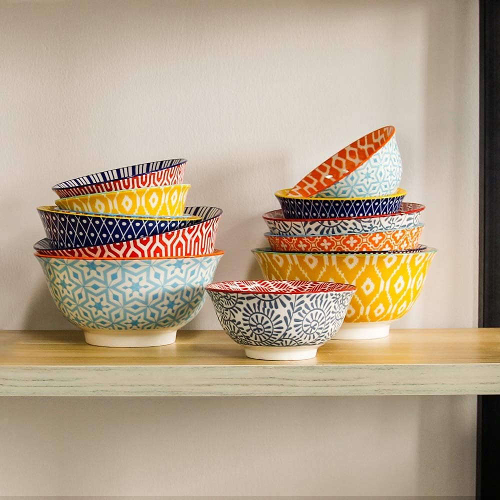 Ceramic Bowls Set 30 oz Assorted Colorful Set of 6 Microwave Dishwasher Safe Y5620
