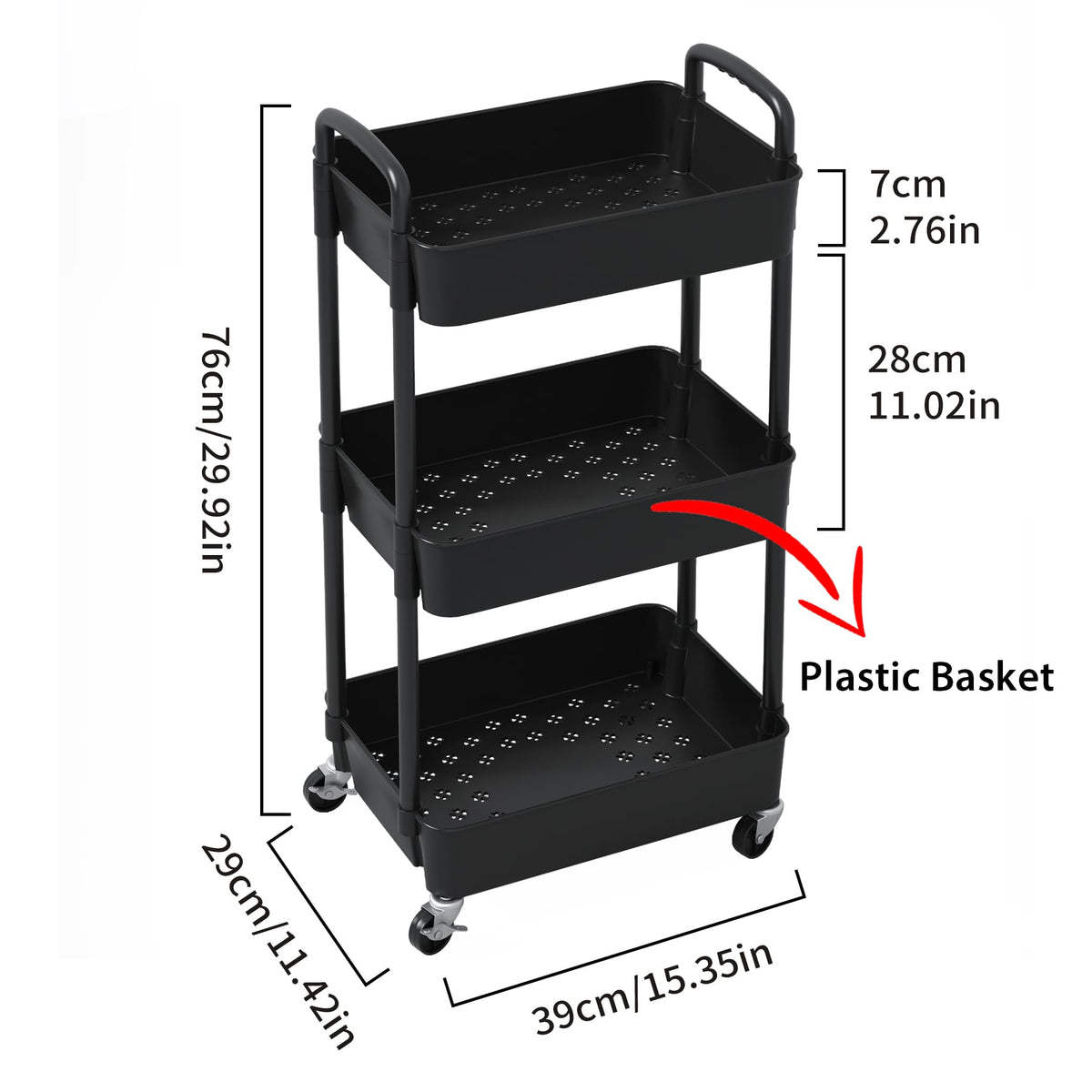 3-Tier Plastic Rolling Utility Cart with Wheels H134