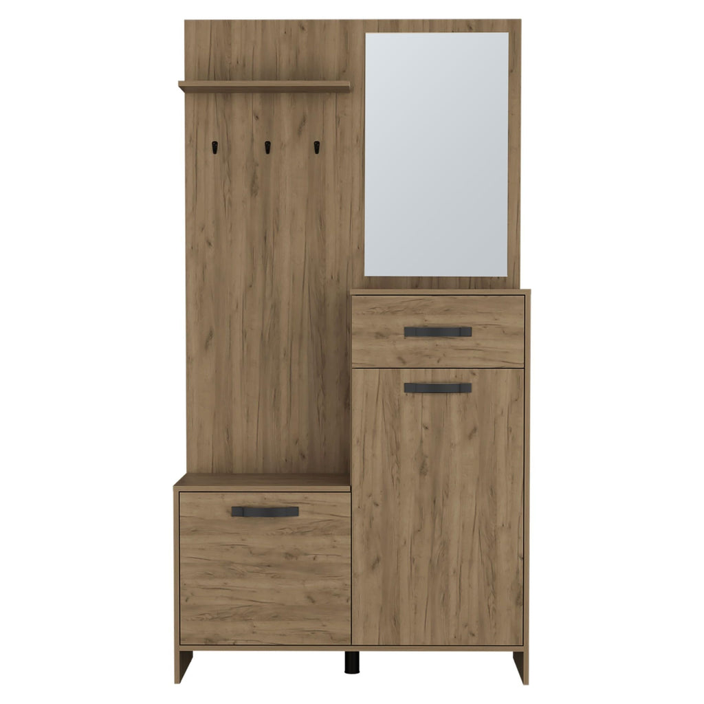 75" Tall Mirrored Console Table with Three Shelves, Two Cabinets, One Drawer N8575