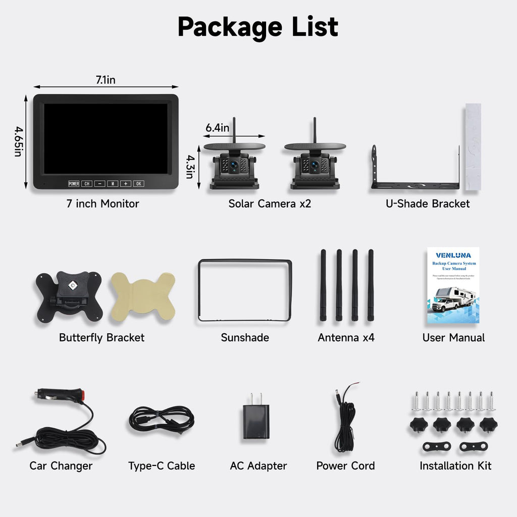 Dual Magnetic Wireless Backup Camera, 7” 1080P HD 4CH DVR Monitor W13143