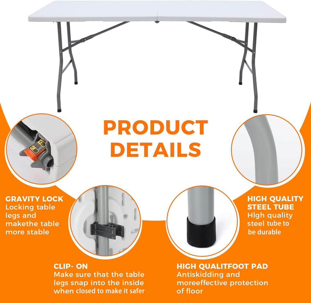 White 6FT Folding Plastic Utility Table with Steel Legs S765809