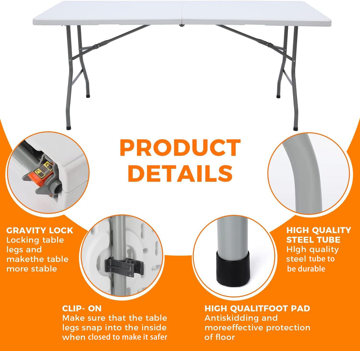 White 6FT Folding Plastic Utility Table with Steel Legs S765809