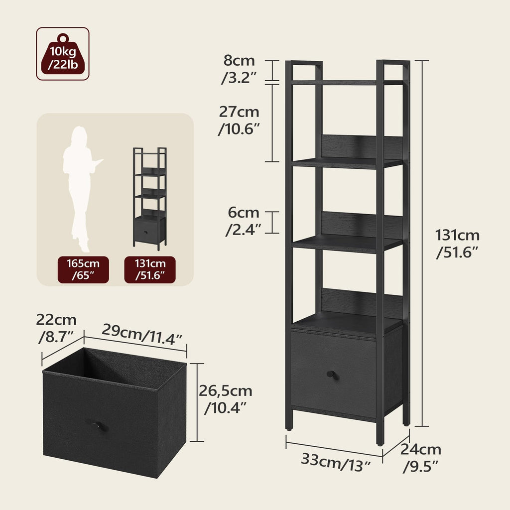Black 5-Tier Bookshelf with Drawer U411204