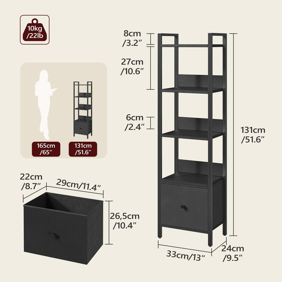Black 5-Tier Bookshelf with Drawer U411204