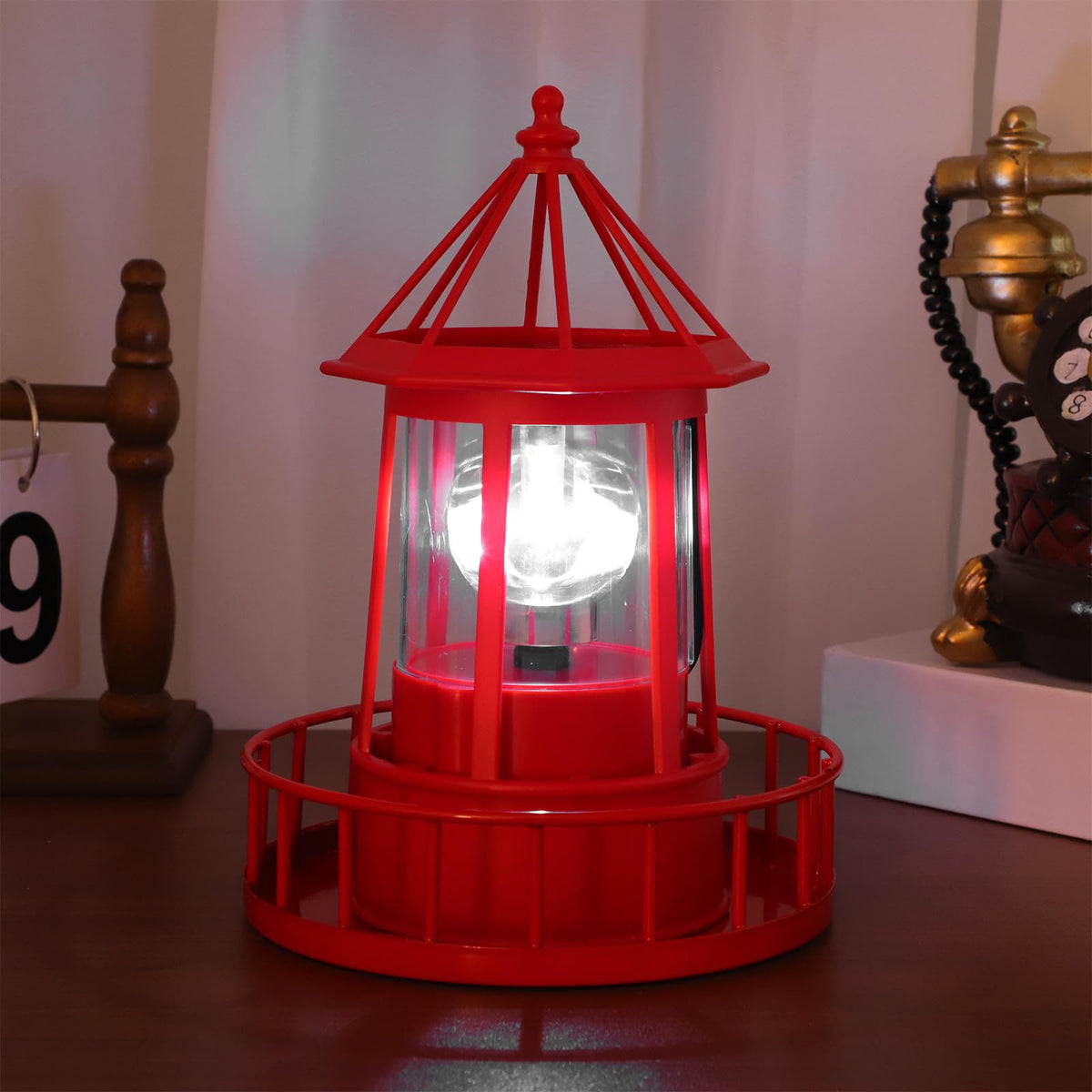 Solar Lighthouse Rotating Beacon Light Red Iron J2926