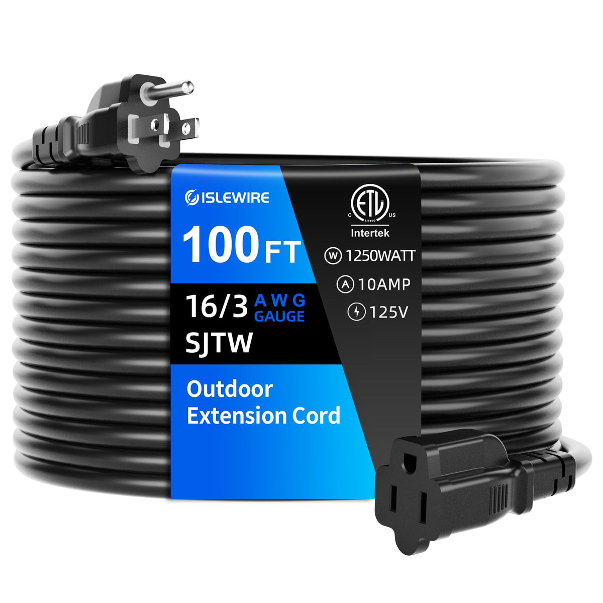 100 FT Waterproof Black 16 AWG Extension Cord S279237