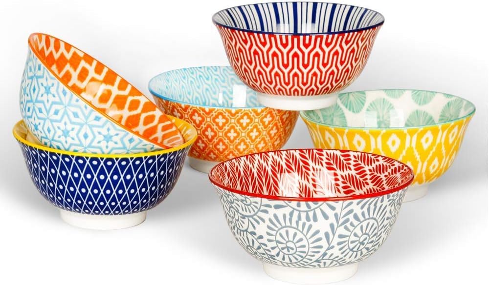 Ceramic Bowls Set 30 oz Assorted Colorful Set of 6 Microwave Dishwasher Safe Y5620