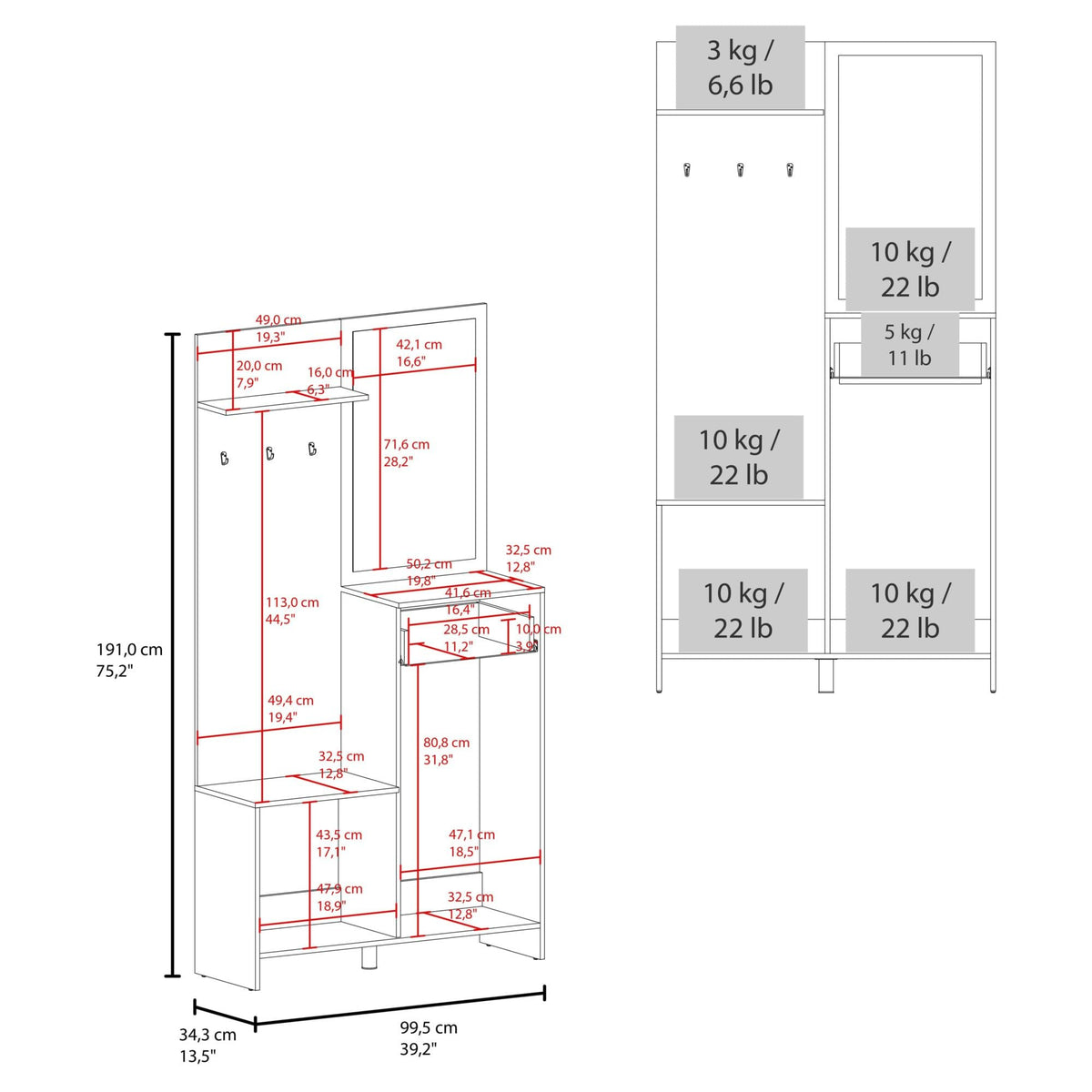 75" Tall Mirrored Console Table with Three Shelves, Two Cabinets, One Drawer N8575