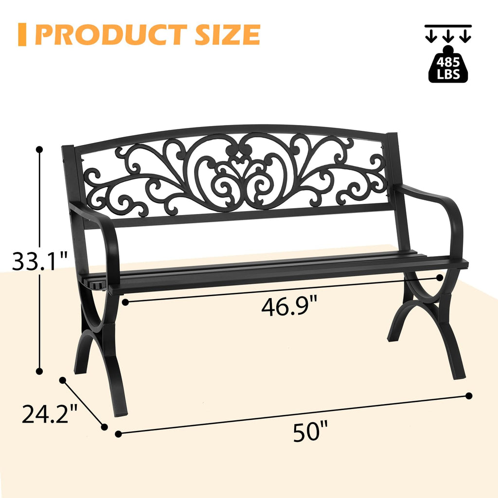 50" Outdoor Garden Bench Black 480lbs Load Capacity S6960