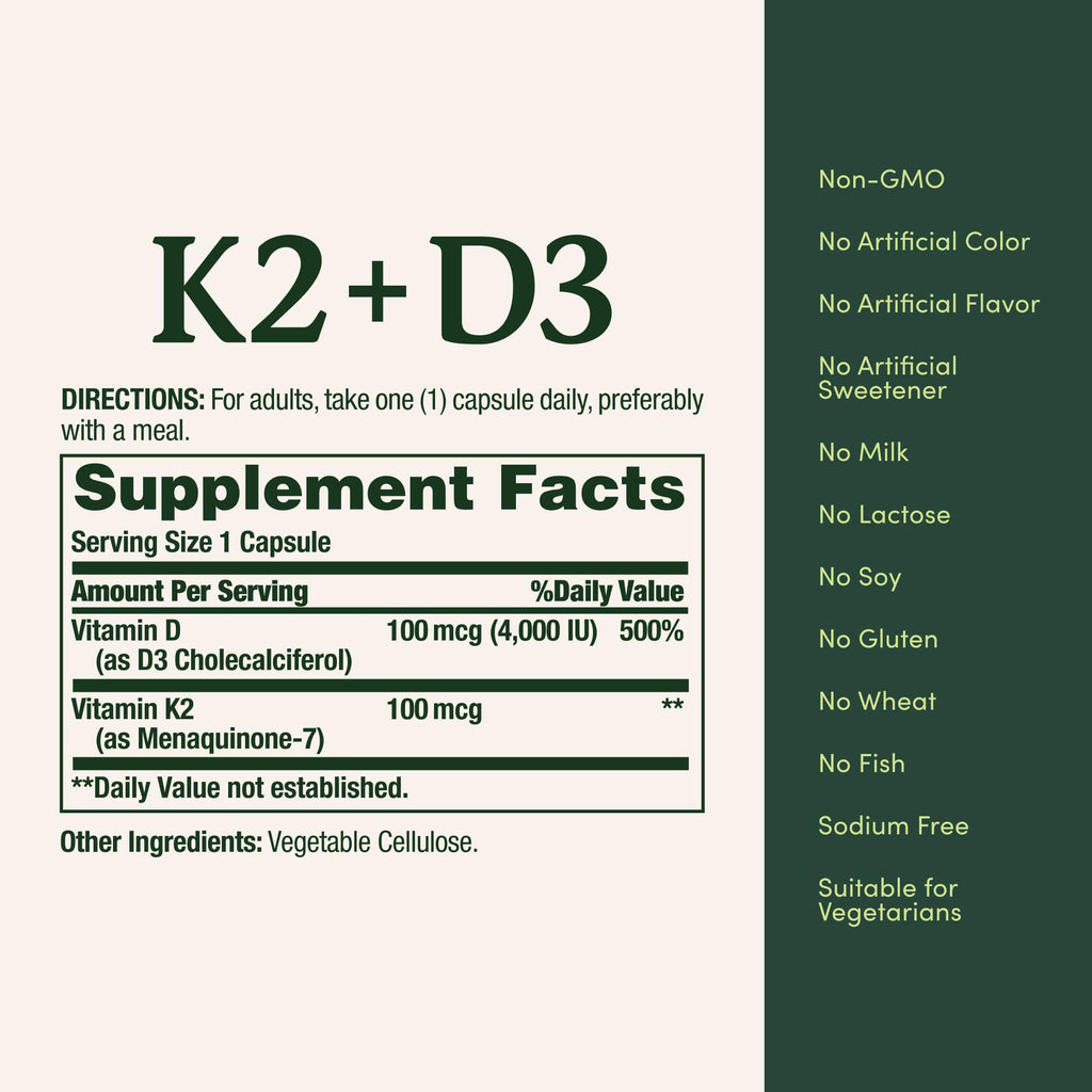Vitamin D3 K2 Supplement 4000 IU 100 mcg 30 Vegetarian Capsules Y4800