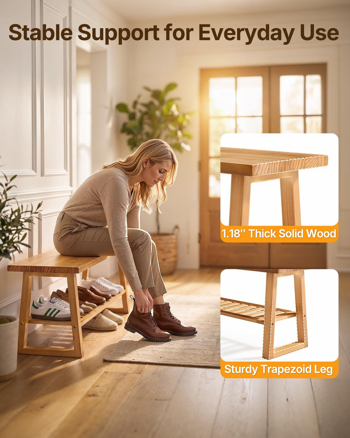 Pine Wood Entryway Bench with Shoe Storage Shelf N27875