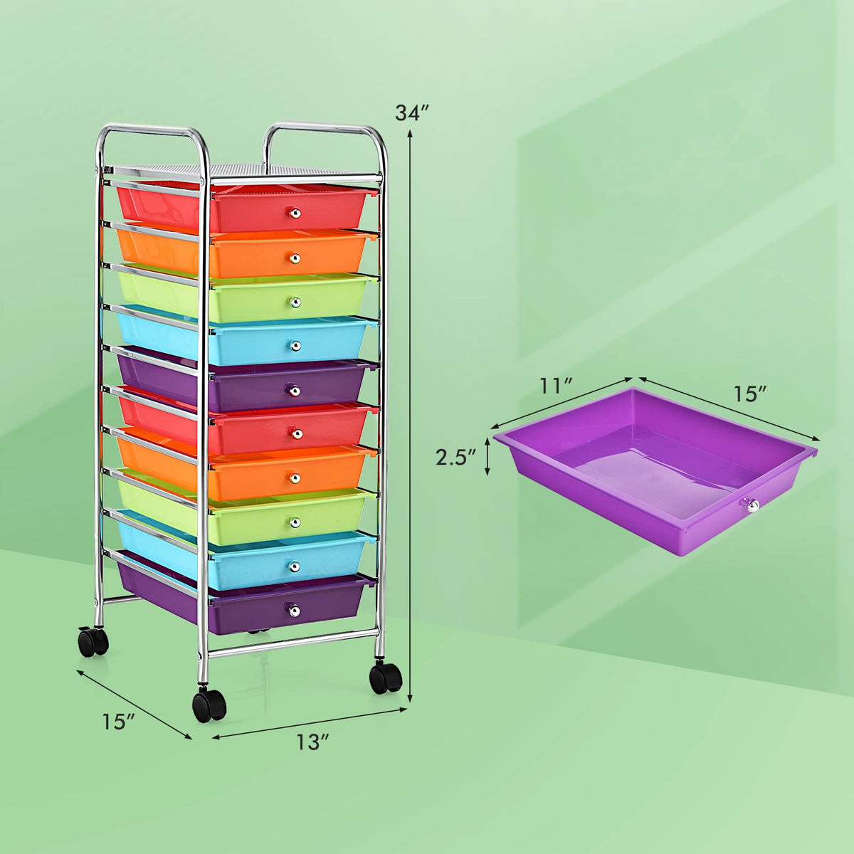 10-Tier Rolling Storage Cart with Drawers J3017
