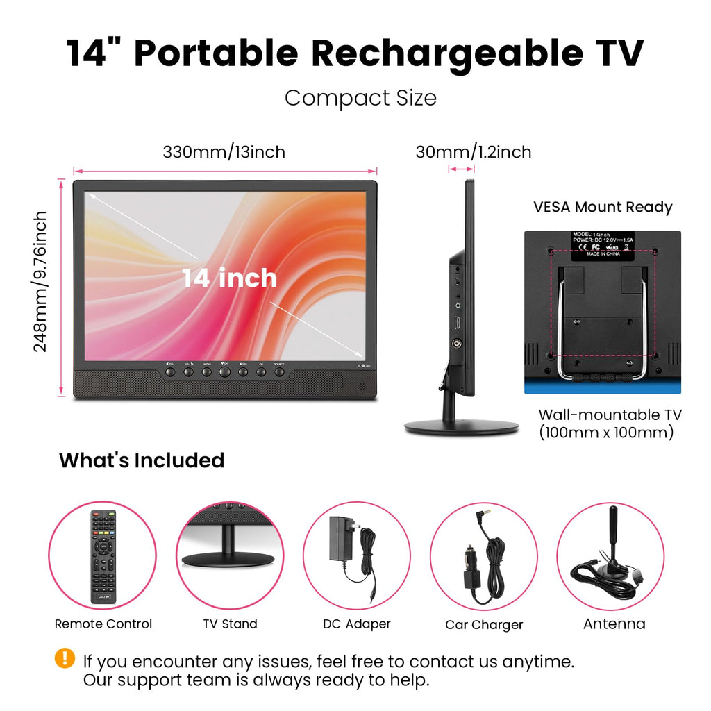 14 Inch Portable Rechargeable TV with Built-in Battery O724