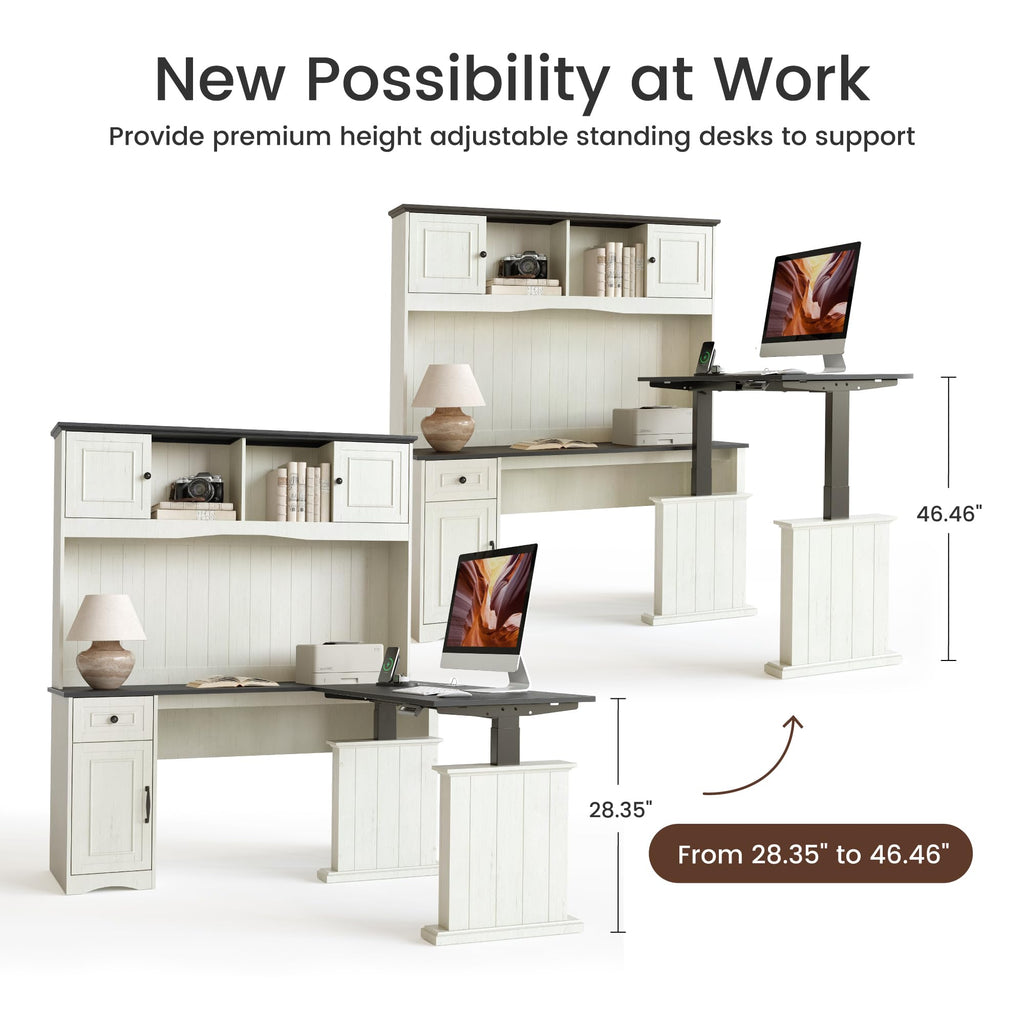 L Shaped Electric Standing Desk with Hutch and Drawers, Antique White P3241