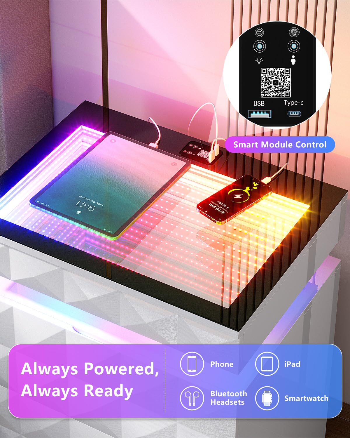 Night Stand with Charging Station & RGB Lights T755