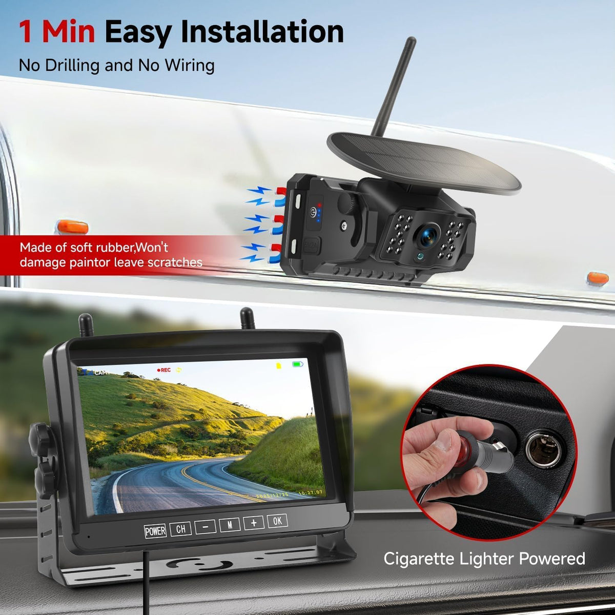 Dual Magnetic Wireless Backup Camera, 7” 1080P HD 4CH DVR Monitor W13143