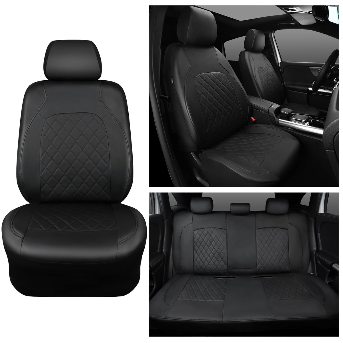 Faux Leather Car Seat Covers Full Set, Airbag Compatible, Breathable, All Black A602179