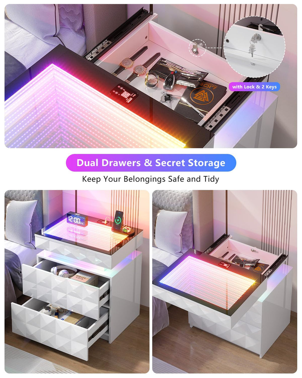 Night Stand with Charging Station & RGB Lights T755