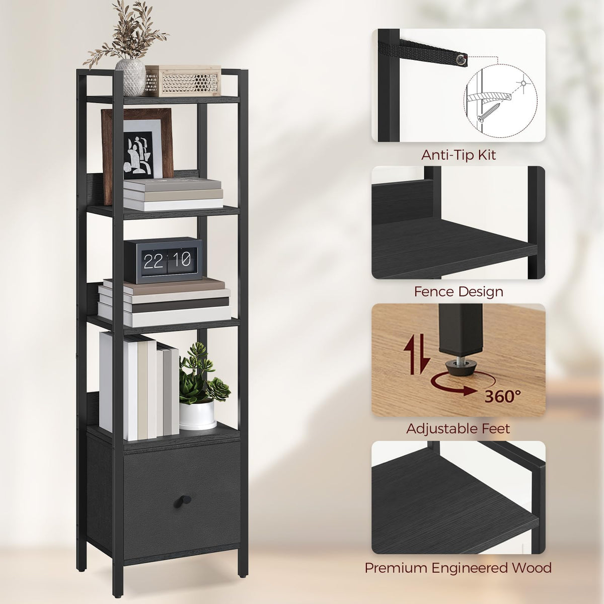 Black 5-Tier Bookshelf with Drawer U411204