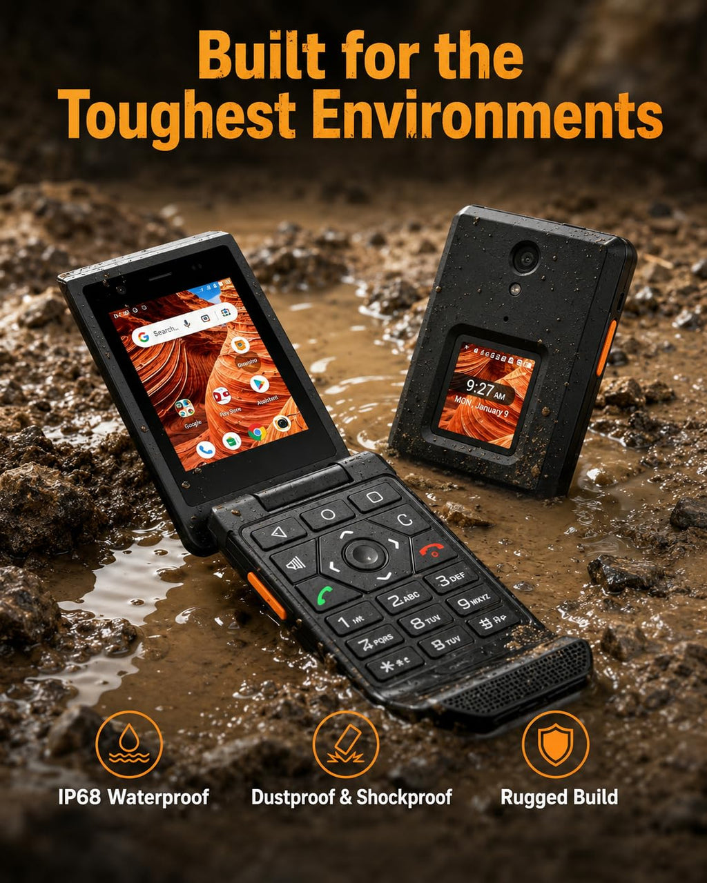 16GB Rugged Touchscreen Android 11 IP68 Water Resistant 4G LTE Flip Phone W5493