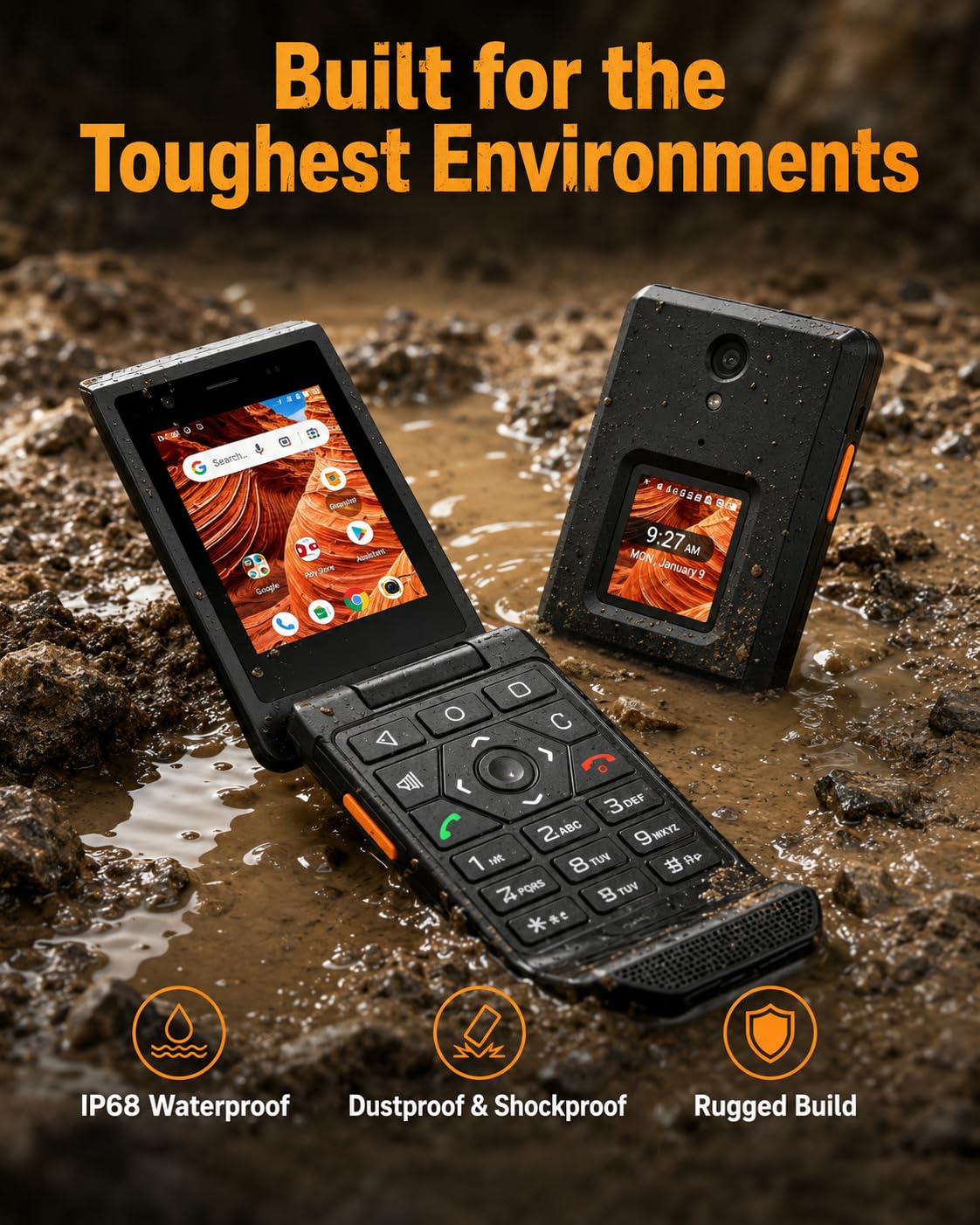 16GB Rugged Touchscreen Android 11 IP68 Water Resistant 4G LTE Flip Phone W5493