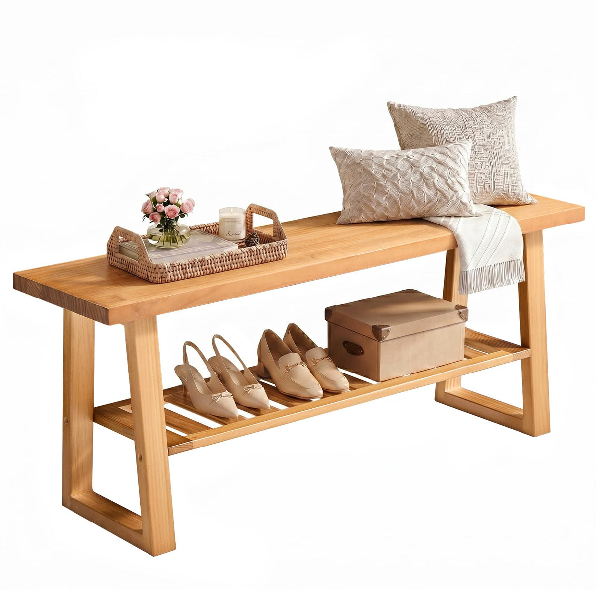 Pine Wood Entryway Bench with Shoe Storage Shelf N27875
