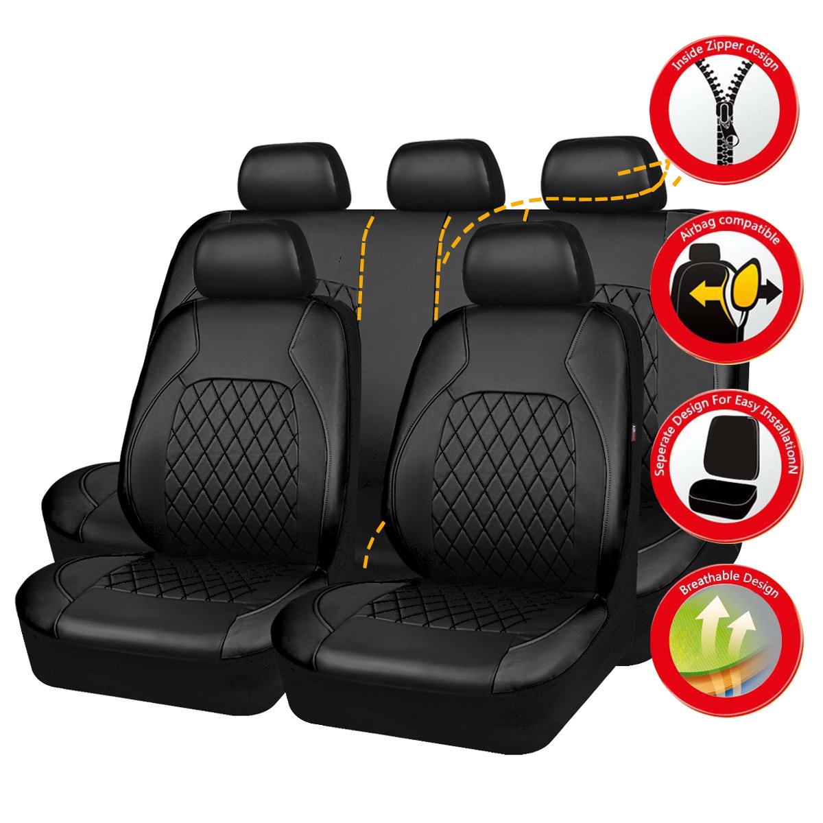 Faux Leather Car Seat Covers Full Set, Airbag Compatible, Breathable, All Black A602179