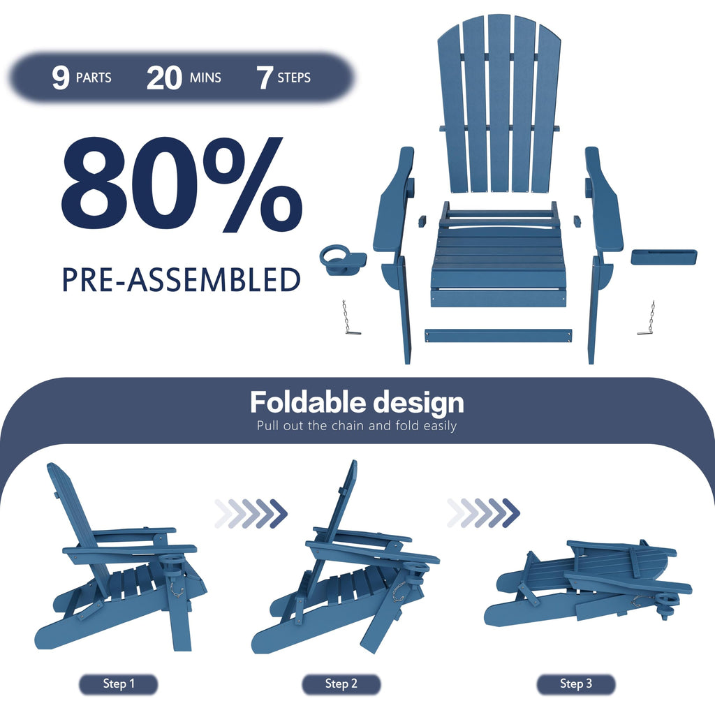 Folding Adirondack Chair Set of 2 with Cup Holder Navy Blue U258531