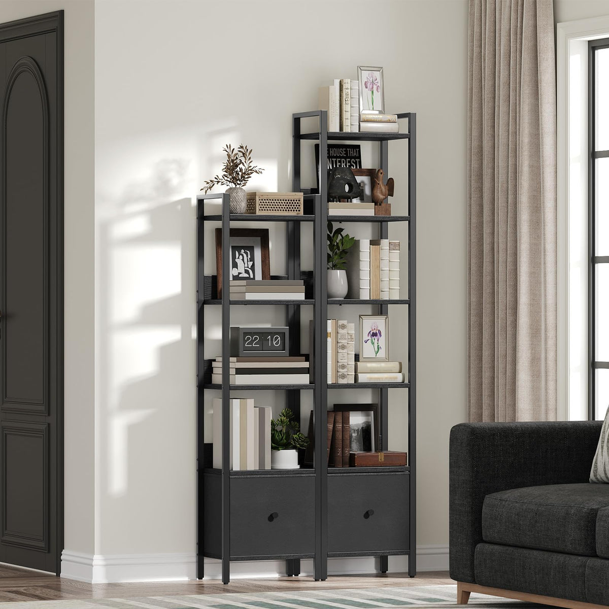 Black 5-Tier Bookshelf with Drawer U411204