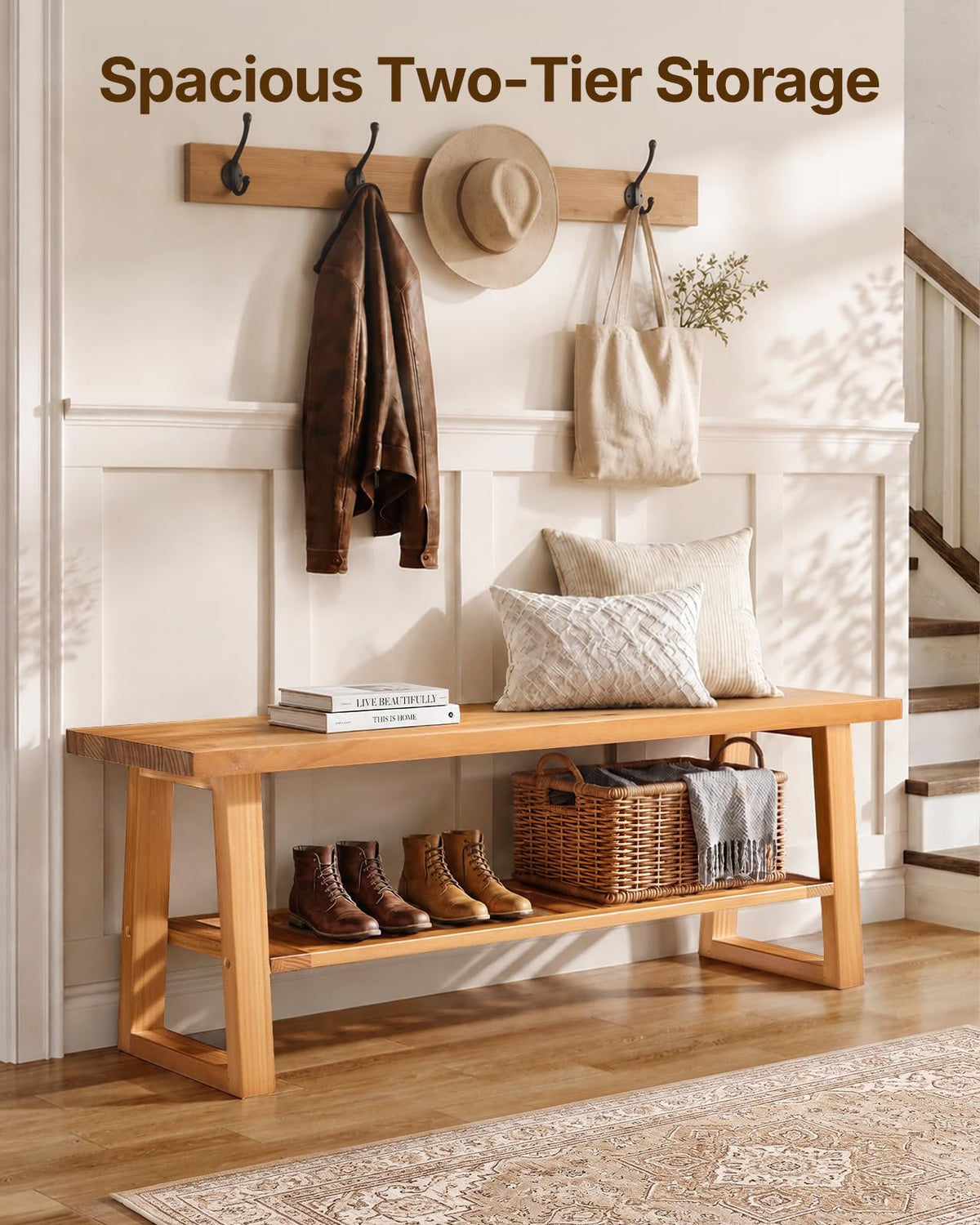 Pine Wood Entryway Bench with Shoe Storage Shelf N27875