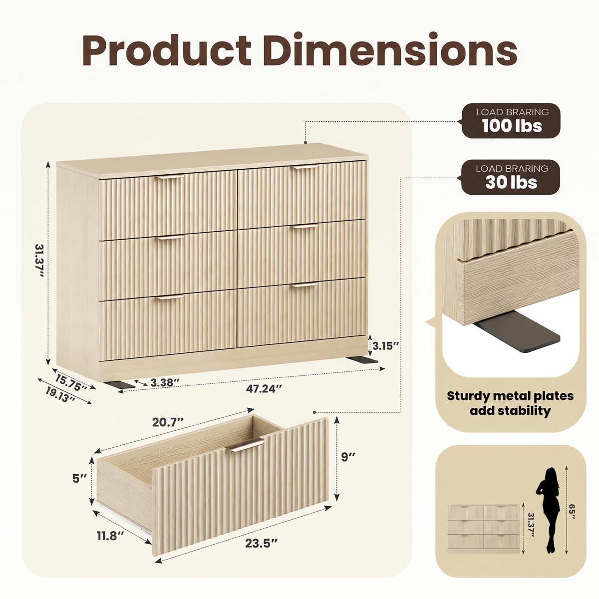 Natural Wood 6 Drawer Dresser I474