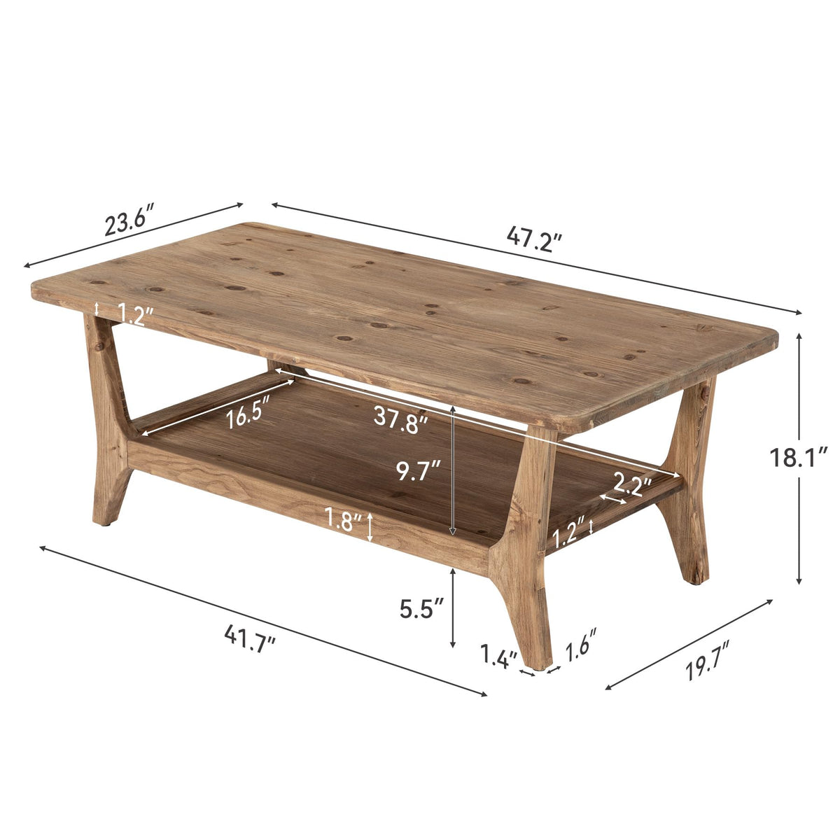 Solid Wood Coffee Table with Storage, 2-Tier Shelf S778134