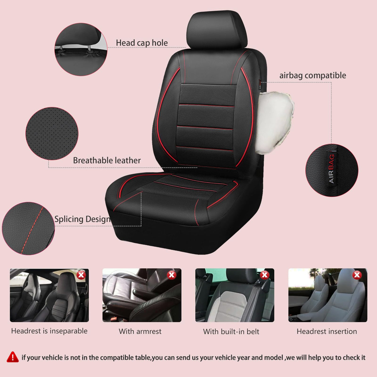 Black Red Faux Leather Front Seat Covers D488549