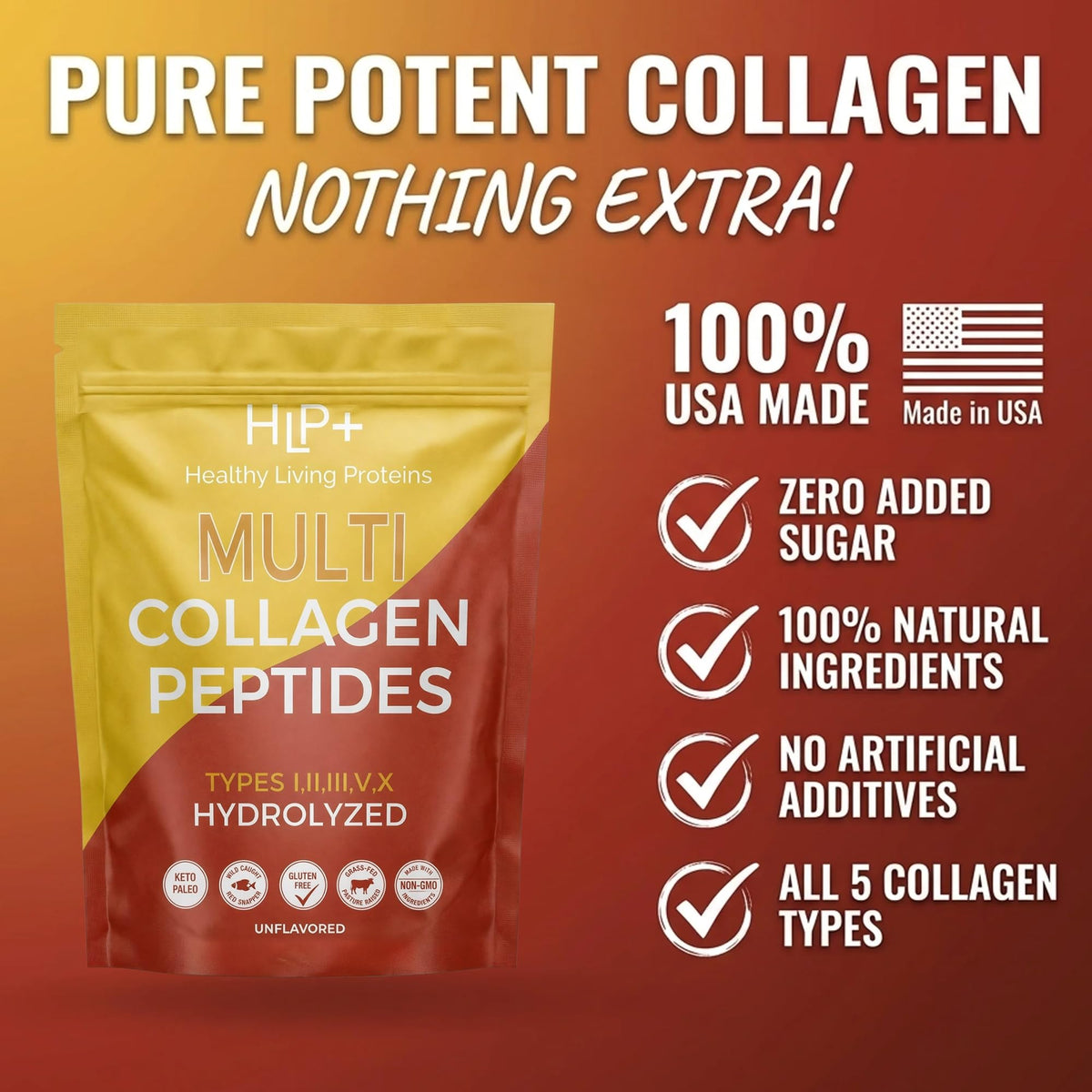 Multi Hydrolyzed Collagen Peptides Type I, II, III, V, & X Grass Fed Bovine Wild Caught Marine Free Range Chicken Gluten Free Unflavored 1 Pound O262001