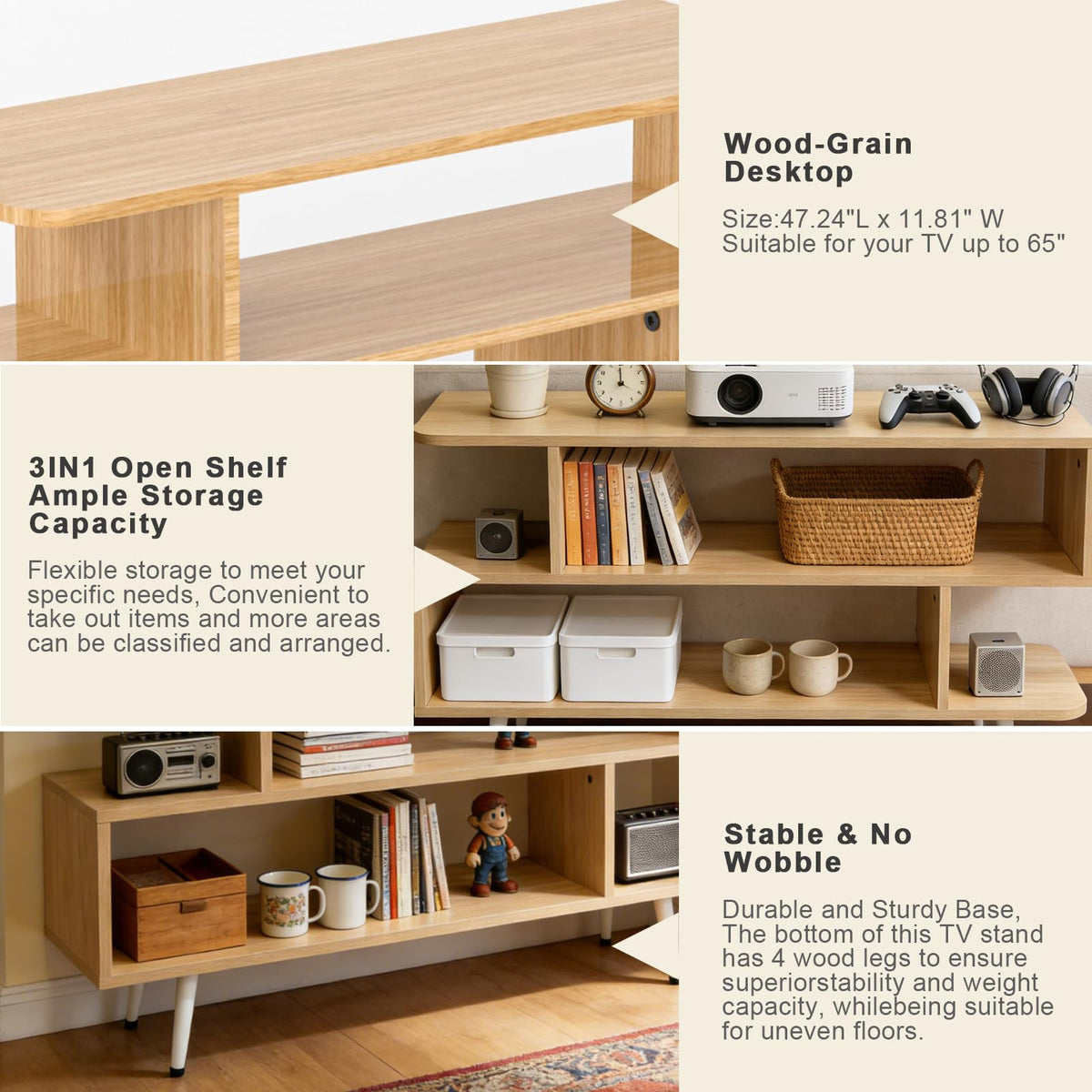 TV Stand with 3 Open Storage Shelf Y861