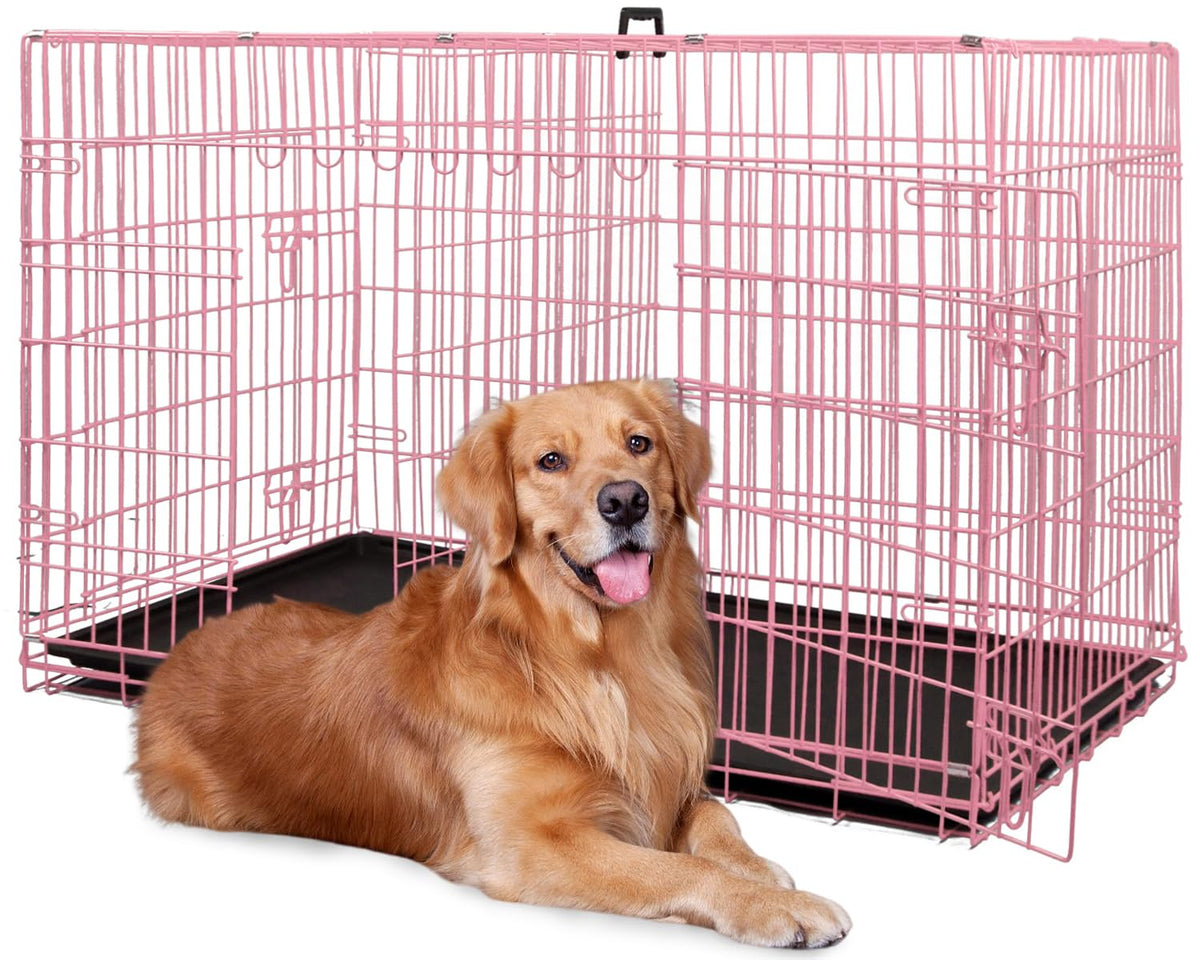 48 Inch Extra Large Pink Folding Metal Wire Dog Crate with Divider Panel F6087