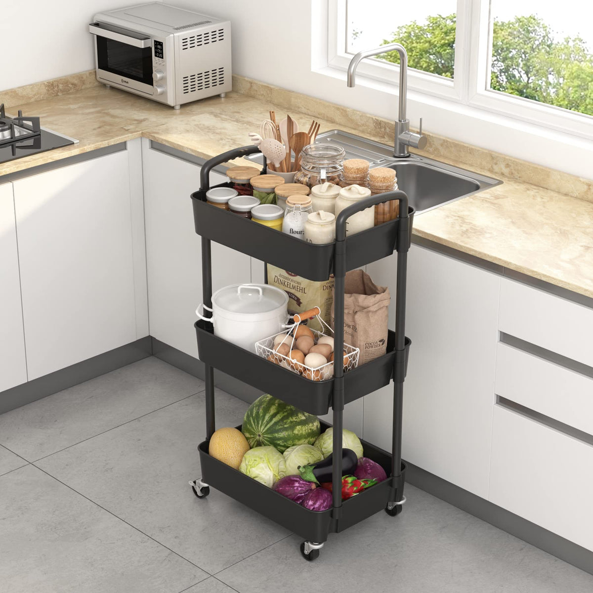 3-Tier Plastic Rolling Utility Cart with Wheels H134