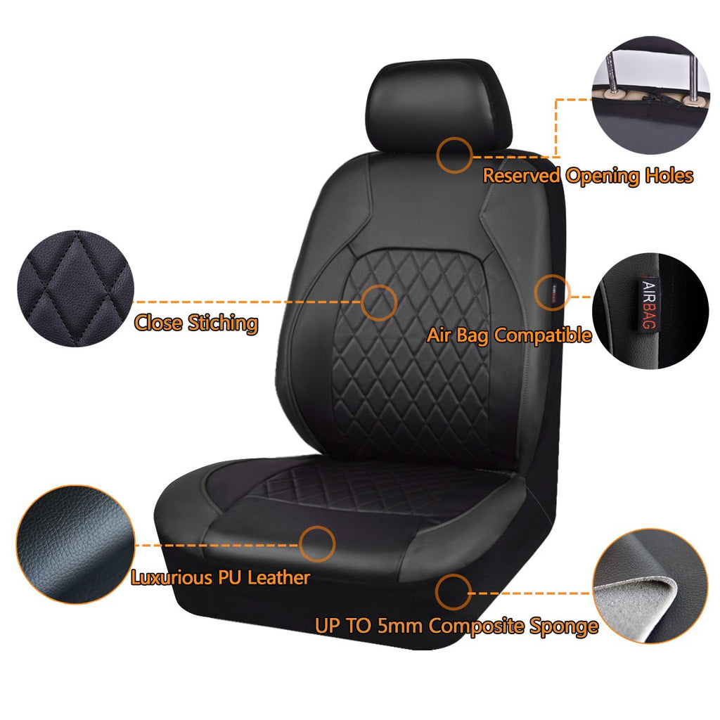 Faux Leather Car Seat Covers Full Set, Airbag Compatible, Breathable, All Black A602179