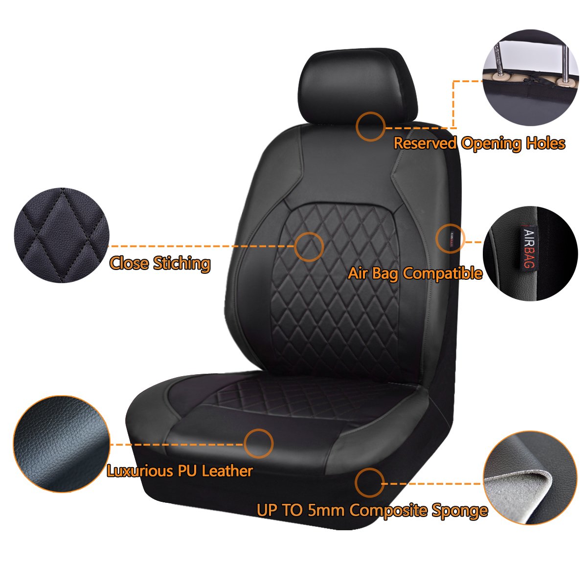 Faux Leather Car Seat Covers Full Set, Airbag Compatible, Breathable, All Black A602179