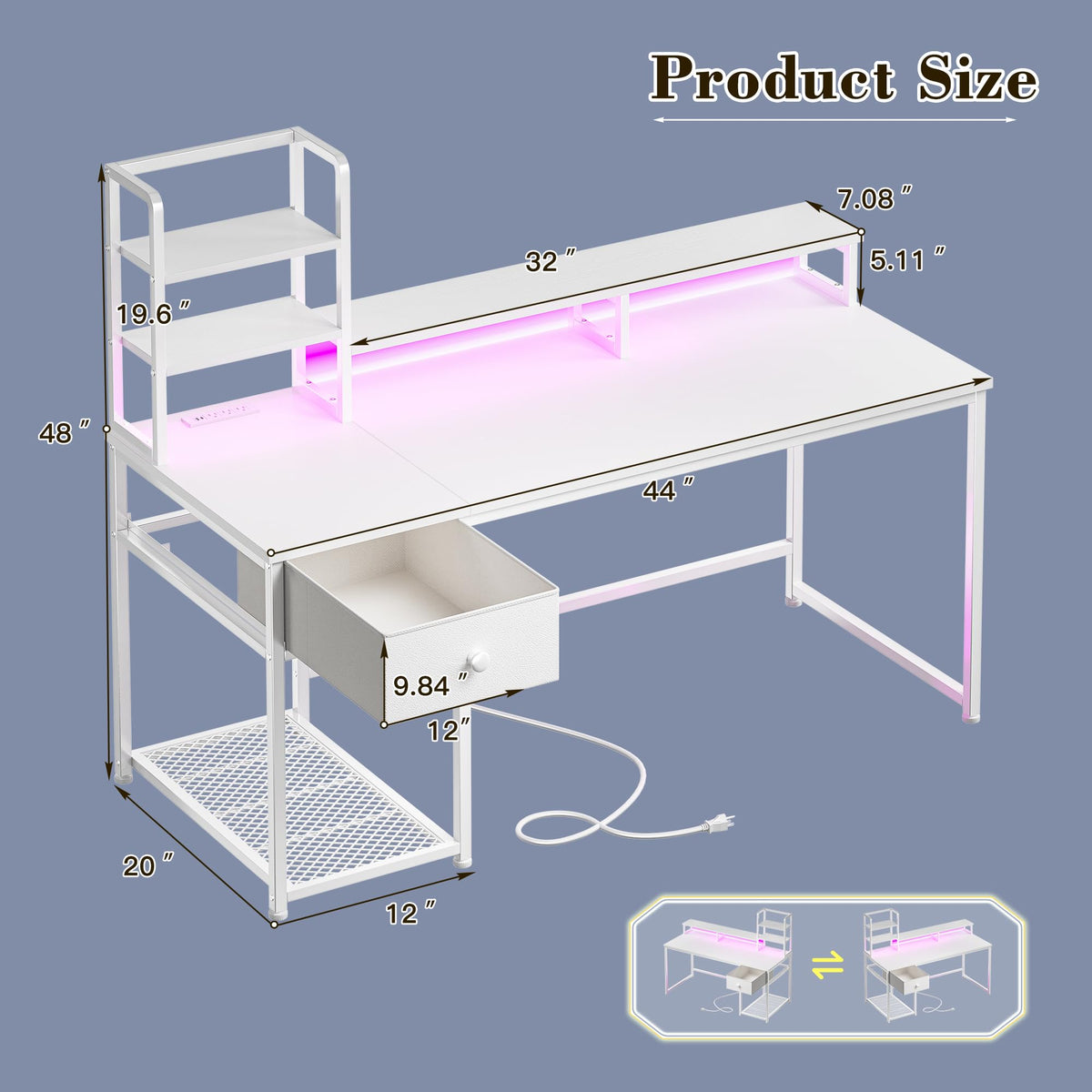 44" White Gaming Desk with Hutch & Shelves Q7594