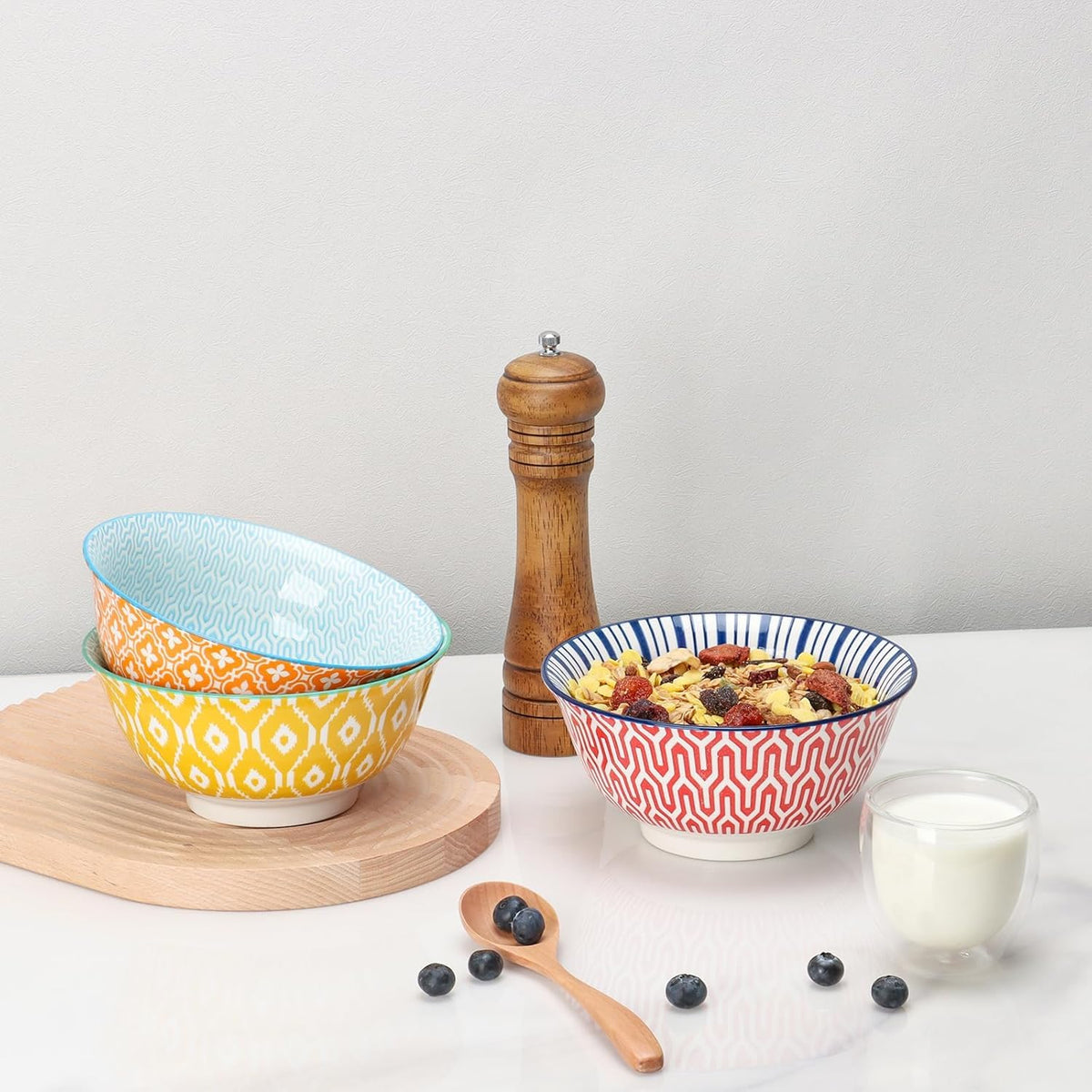 Ceramic Bowls Set 30 oz Assorted Colorful Set of 6 Microwave Dishwasher Safe Y5620