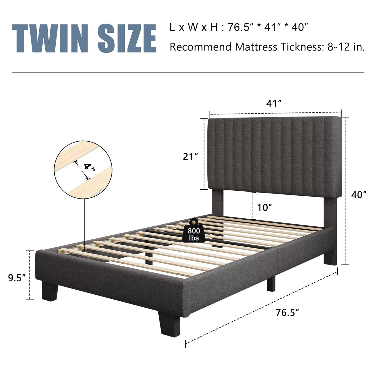 Twin Size Upholstered Linen Platform Bed Frame with Headboard L7152
