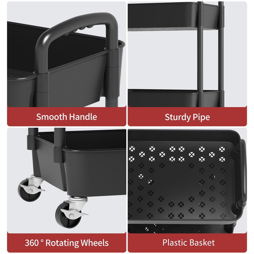 3-Tier Plastic Rolling Utility Cart with Wheels H134