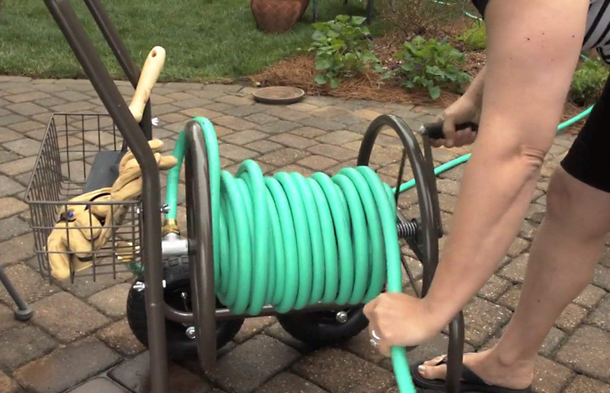 Four Wheel 250 Foot Capacity Steel Frame Water Hose Reel Cart with Basket B37185