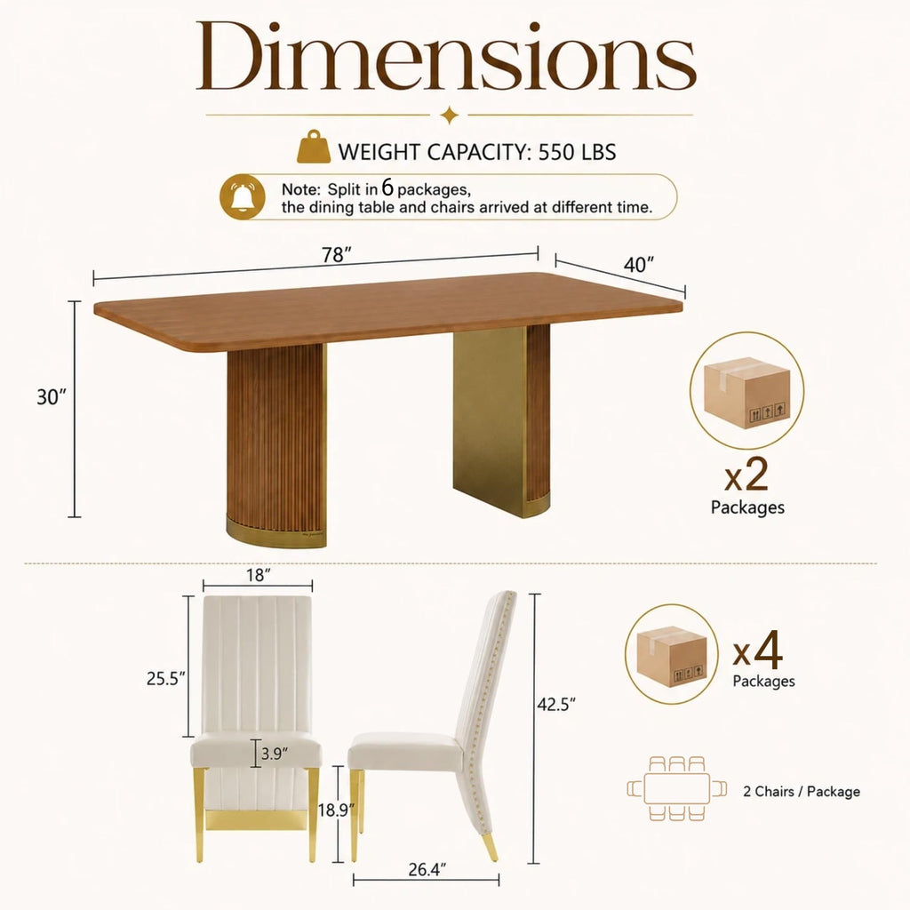 78" Walnut Dining Table Set with White Leather Chairs for 8 B71113