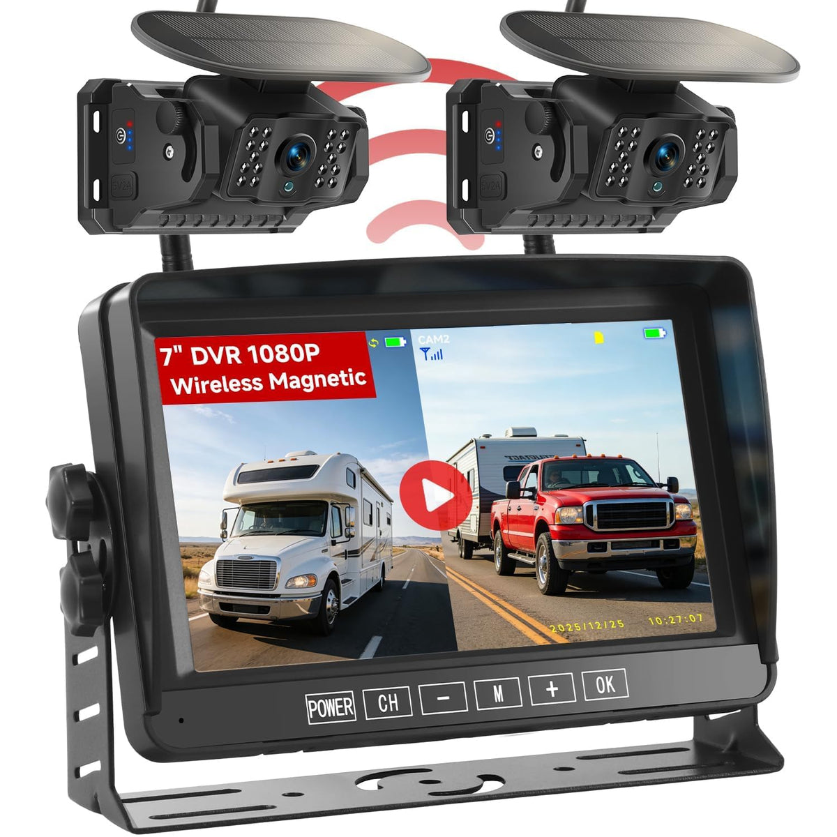 Dual Magnetic Wireless Backup Camera, 7” 1080P HD 4CH DVR Monitor W13143