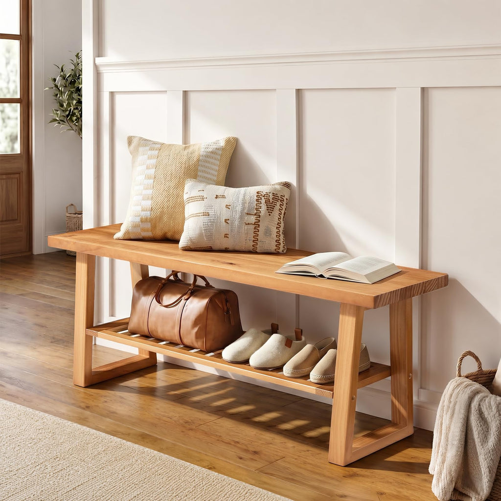 Pine Wood Entryway Bench with Shoe Storage Shelf N27875