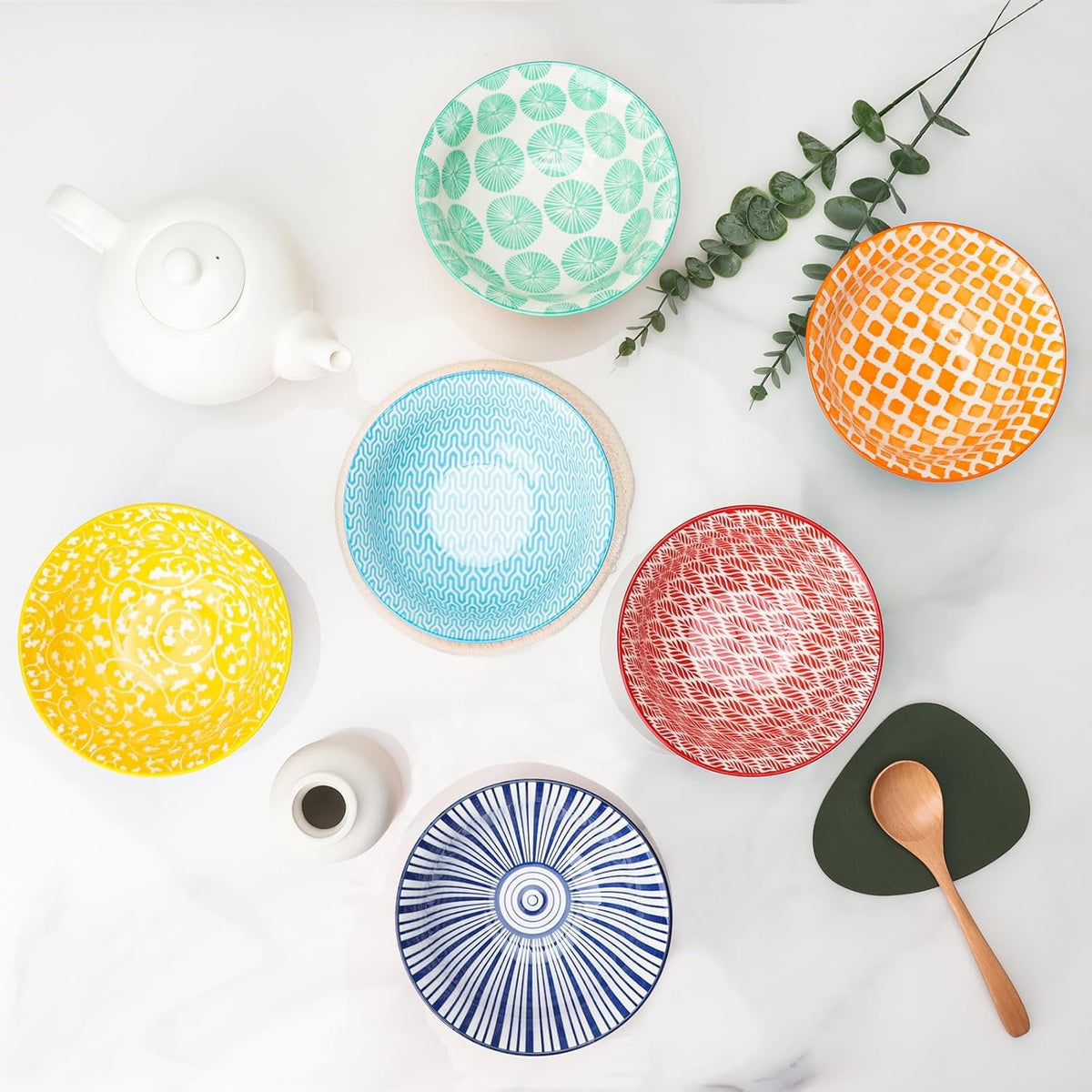 Ceramic Bowls Set 30 oz Assorted Colorful Set of 6 Microwave Dishwasher Safe Y5620